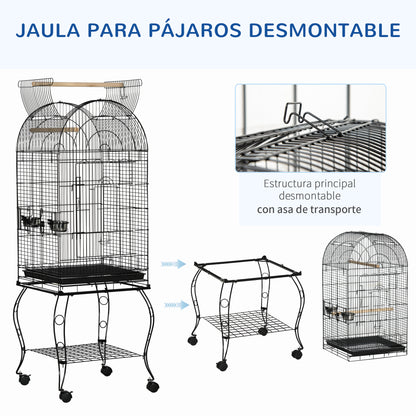 Bird Cage with Stand and Wheels Large Steel Cage with Removable Tray 4 Doors and 2 Feeders for Parrots Macaws 51x51x153 cm Black