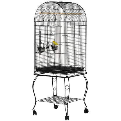 Bird Cage with Stand and Wheels Large Steel Cage with Removable Tray 4 Doors and 2 Feeders for Parrots Macaws 51x51x153 cm Black
