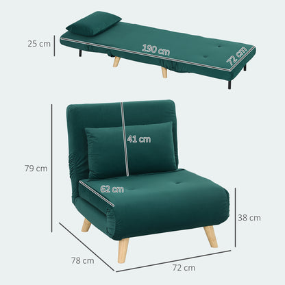 3 in 1 sleeper chair, sofa bed with bed function, lumbar pillow, foldable recliner with adjustable backrest armchair in velvet look, for living room, dark green