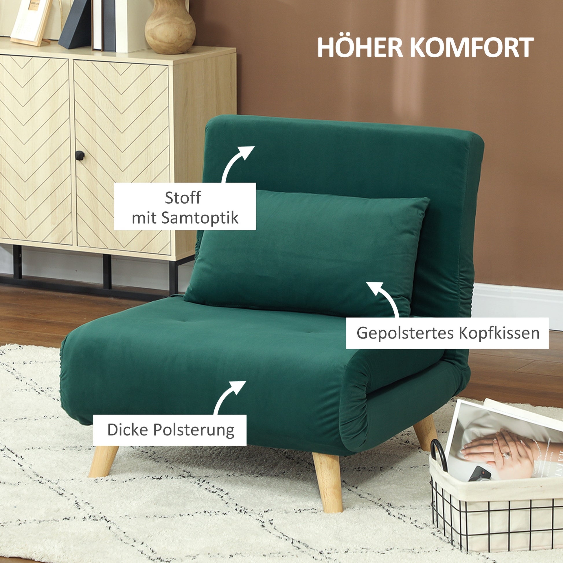 3 in 1 sleeper chair, sofa bed with bed function, lumbar pillow, foldable recliner with adjustable backrest armchair in velvet look, for living room, dark green