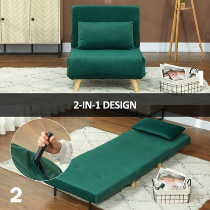 3 in 1 sleeper chair, sofa bed with bed function, lumbar pillow, foldable recliner with adjustable backrest armchair in velvet look, for living room, dark green