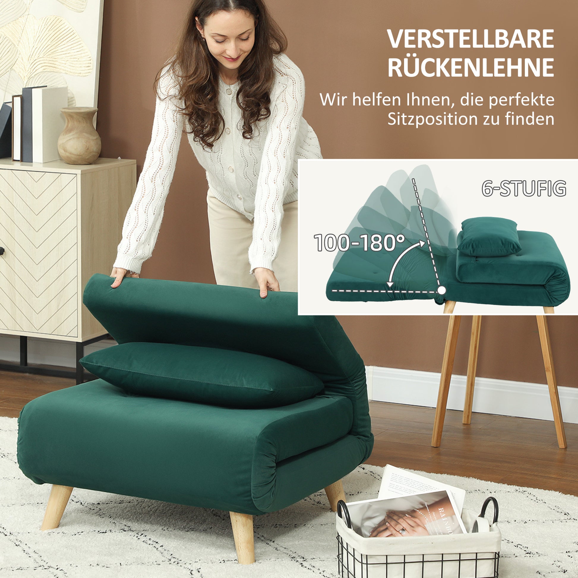 3 in 1 sleeper chair, sofa bed with bed function, lumbar pillow, foldable recliner with adjustable backrest armchair in velvet look, for living room, dark green