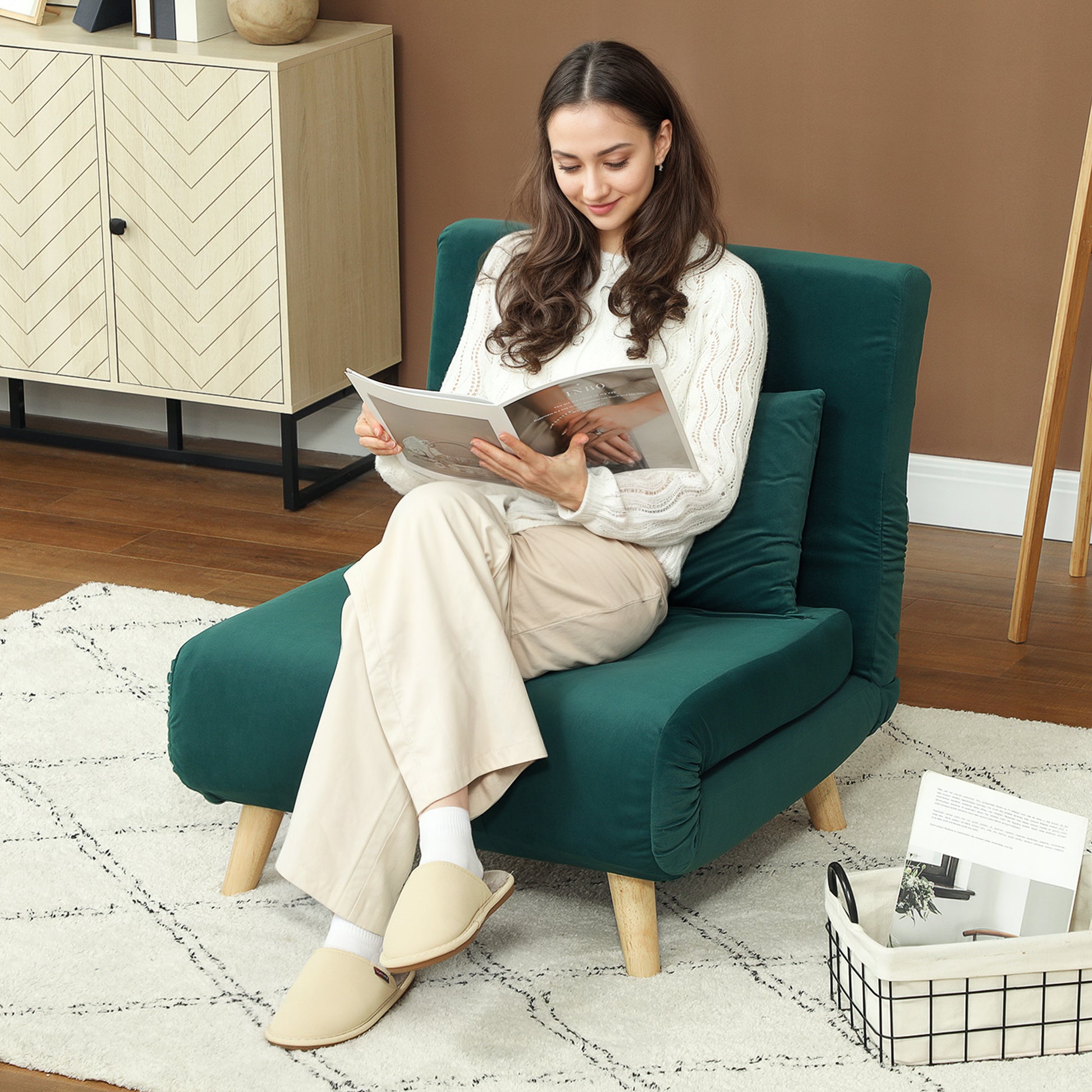 3 in 1 sleeper chair, sofa bed with bed function, lumbar pillow, foldable recliner with adjustable backrest armchair in velvet look, for living room, dark green