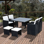 8-Person Nesting Garden Furniture Set 9 Pieces PE Rattan Wicker 4-Strand Imitation Rattan Black Removable Cream Cushions