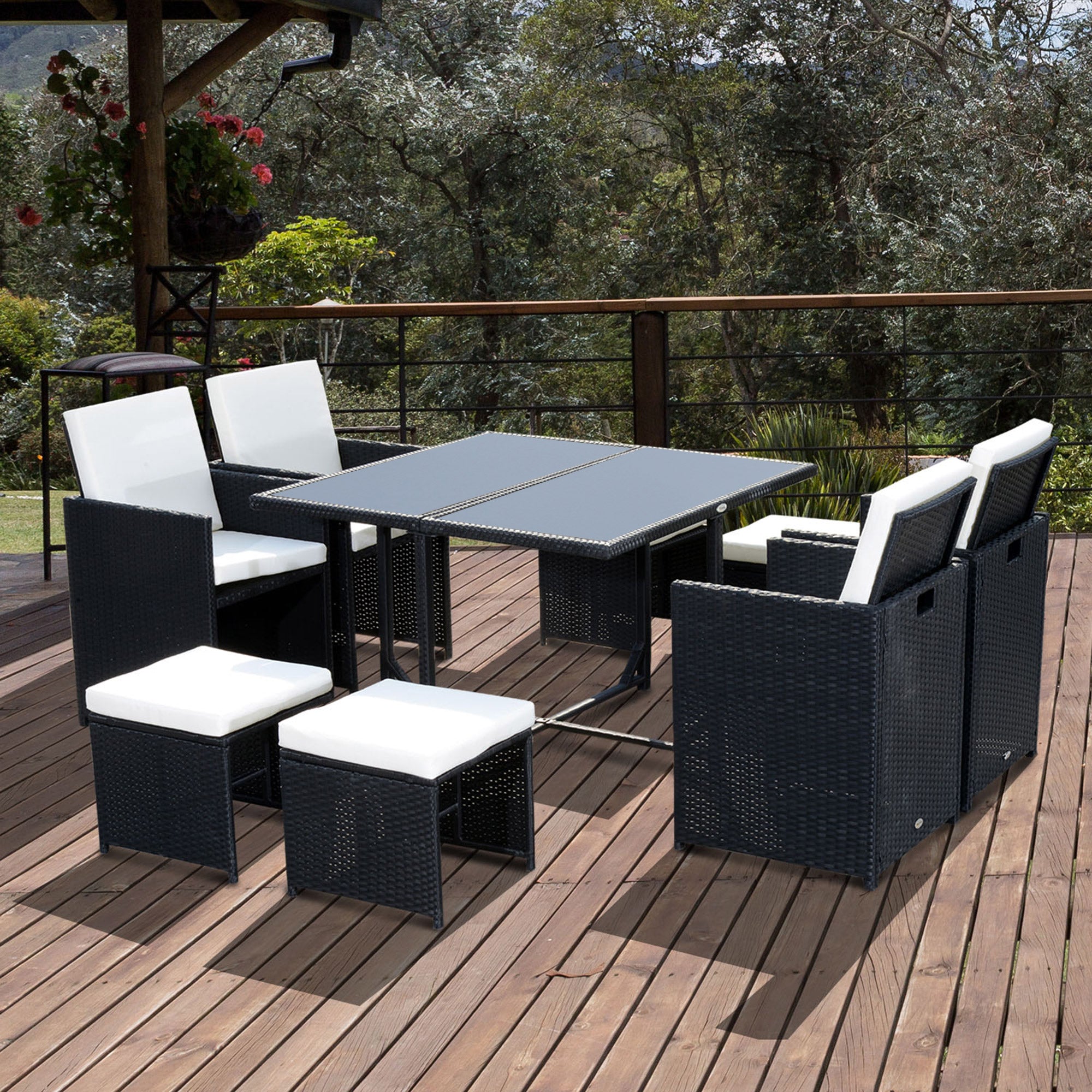 8-Person Nesting Garden Furniture Set 9 Pieces PE Rattan Wicker 4-Strand Imitation Rattan Black Removable Cream Cushions