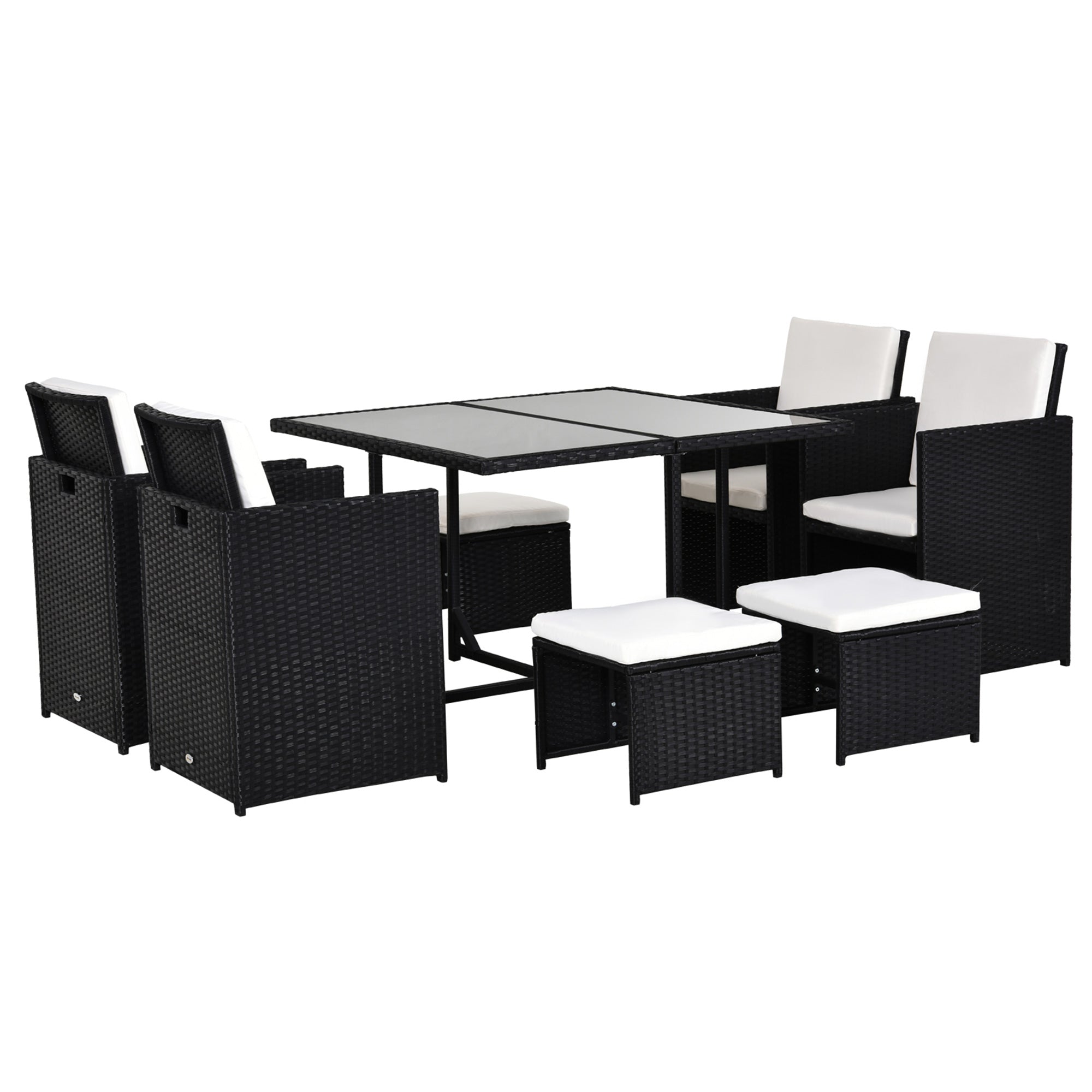 8-Person Nesting Garden Furniture Set 9 Pieces PE Rattan Wicker 4-Strand Imitation Rattan Black Removable Cream Cushions
