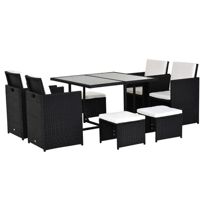 8-Person Nesting Garden Furniture Set 9 Pieces PE Rattan Wicker 4-Strand Imitation Rattan Black Removable Cream Cushions