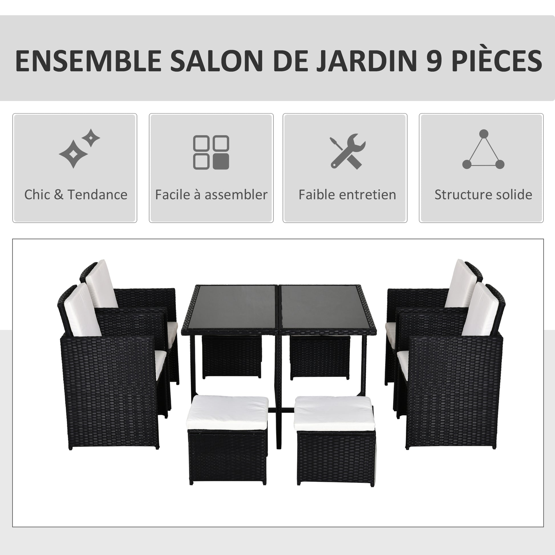 8-Person Nesting Garden Furniture Set 9 Pieces PE Rattan Wicker 4-Strand Imitation Rattan Black Removable Cream Cushions