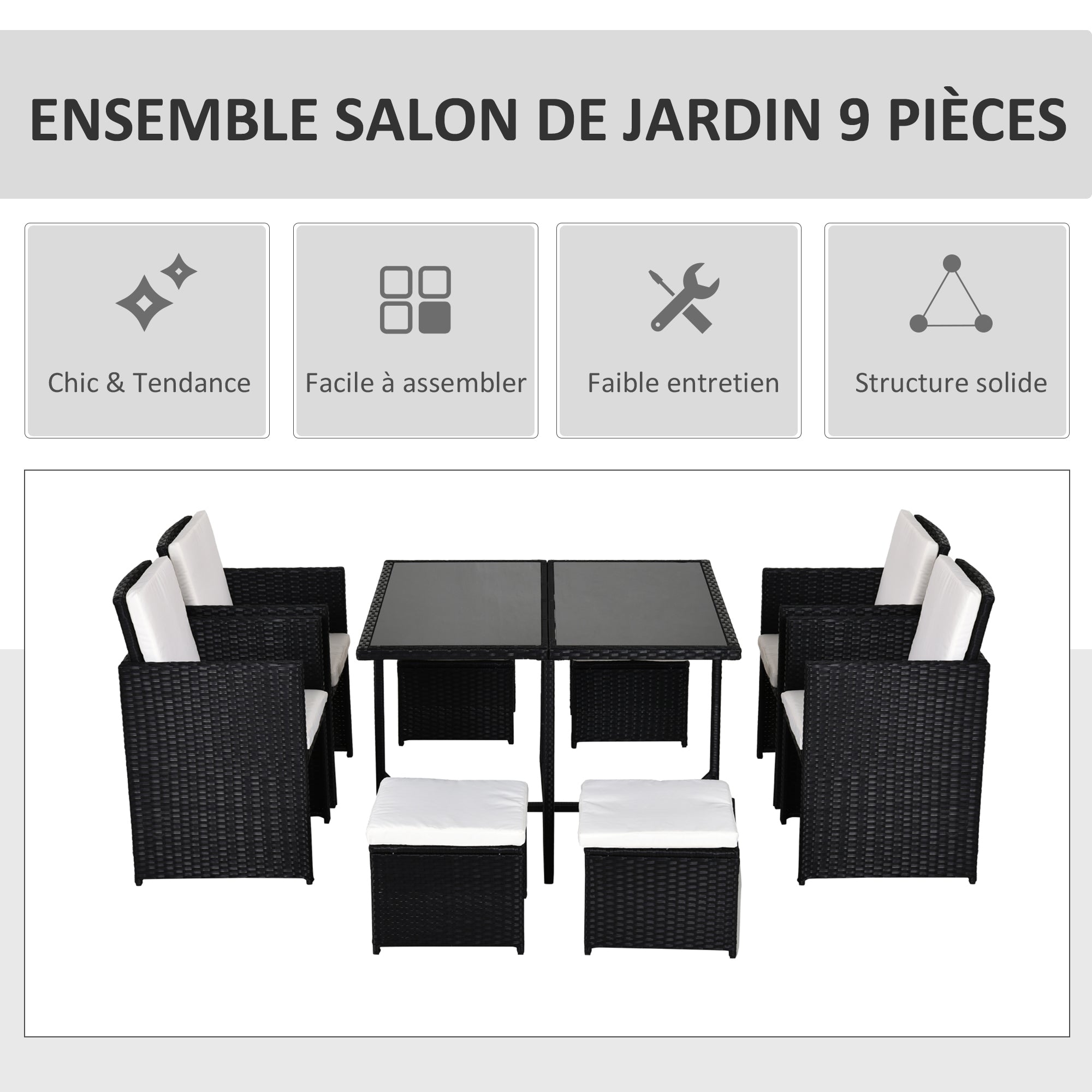 8-Person Nesting Garden Furniture Set 9 Pieces PE Rattan Wicker 4-Strand Imitation Rattan Black Removable Cream Cushions