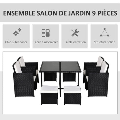 8-Person Nesting Garden Furniture Set 9 Pieces PE Rattan Wicker 4-Strand Imitation Rattan Black Removable Cream Cushions