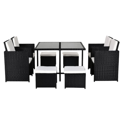 8-Person Nesting Garden Furniture Set 9 Pieces PE Rattan Wicker 4-Strand Imitation Rattan Black Removable Cream Cushions