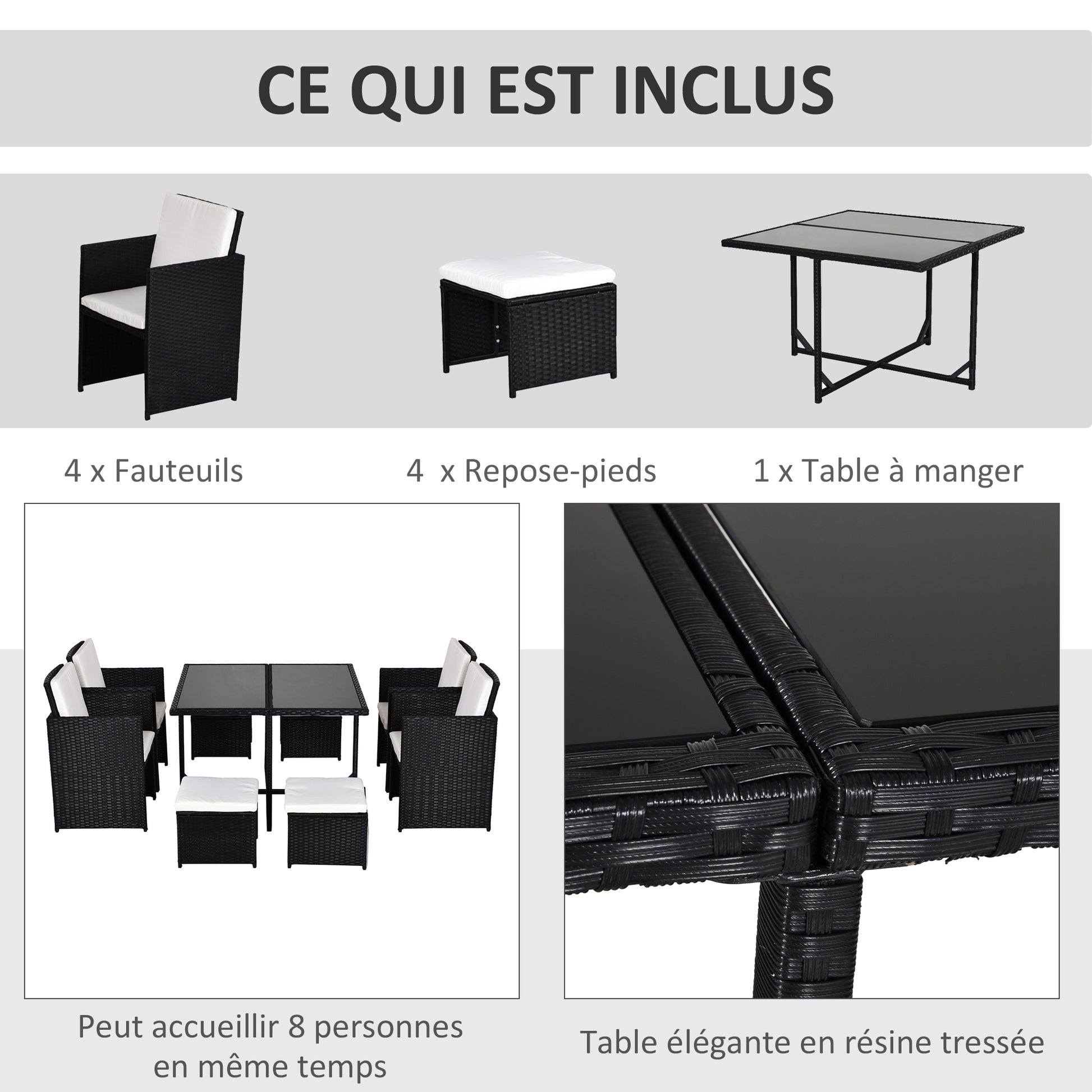 8-Person Nesting Garden Furniture Set 9 Pieces PE Rattan Wicker 4-Strand Imitation Rattan Black Removable Cream Cushions