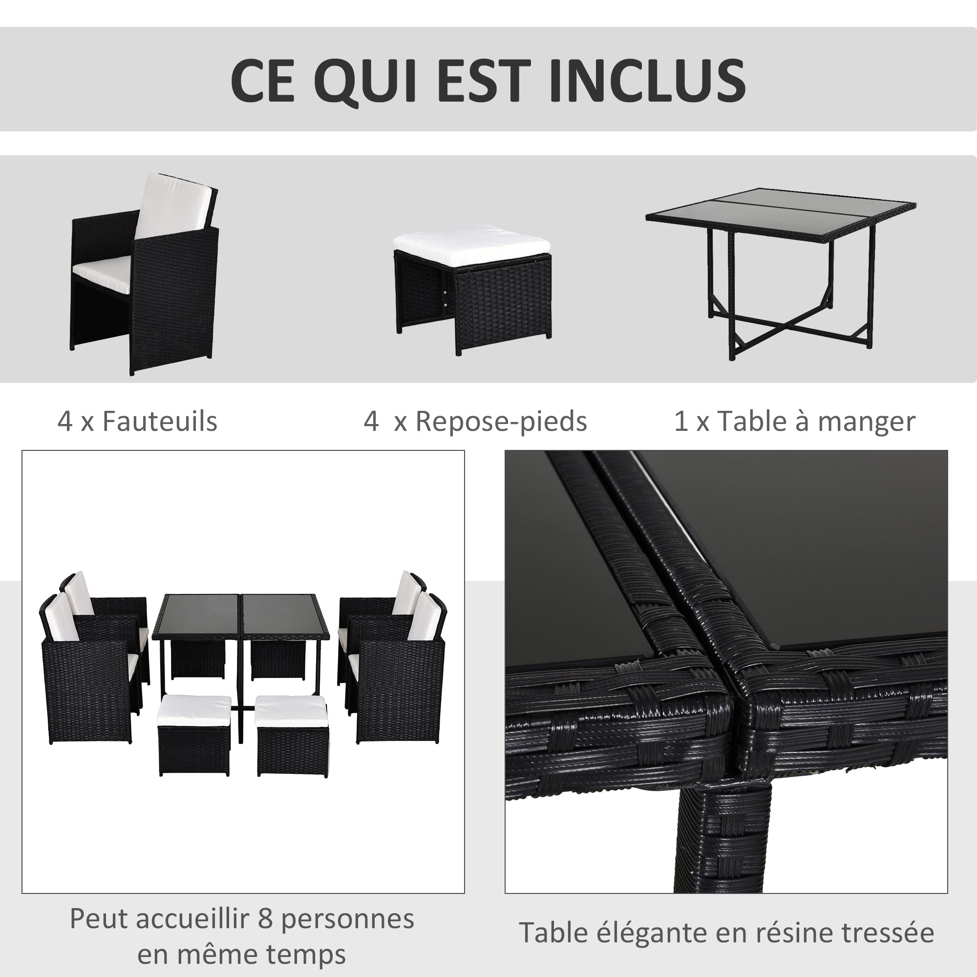 8-Person Nesting Garden Furniture Set 9 Pieces PE Rattan Wicker 4-Strand Imitation Rattan Black Removable Cream Cushions
