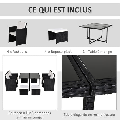 8-Person Nesting Garden Furniture Set 9 Pieces PE Rattan Wicker 4-Strand Imitation Rattan Black Removable Cream Cushions