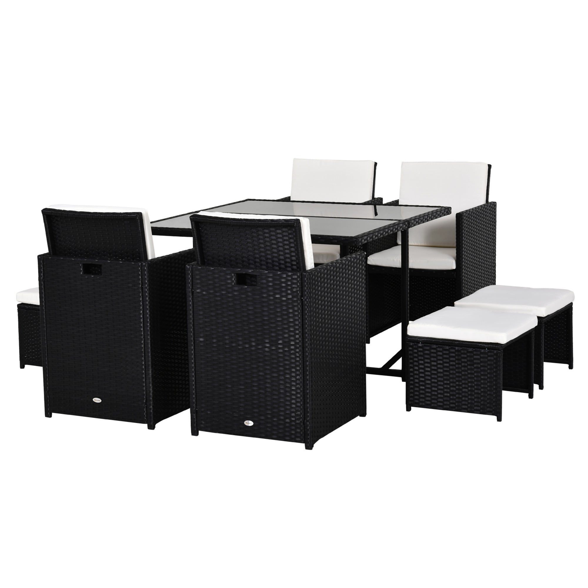 8-Person Nesting Garden Furniture Set 9 Pieces PE Rattan Wicker 4-Strand Imitation Rattan Black Removable Cream Cushions