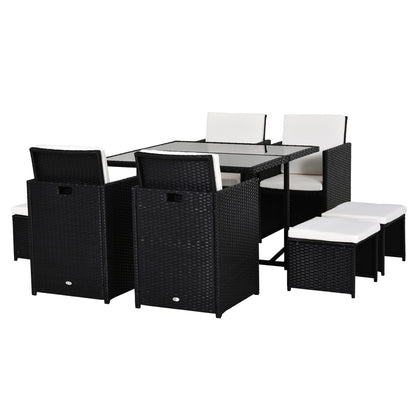 8-Person Nesting Garden Furniture Set 9 Pieces PE Rattan Wicker 4-Strand Imitation Rattan Black Removable Cream Cushions