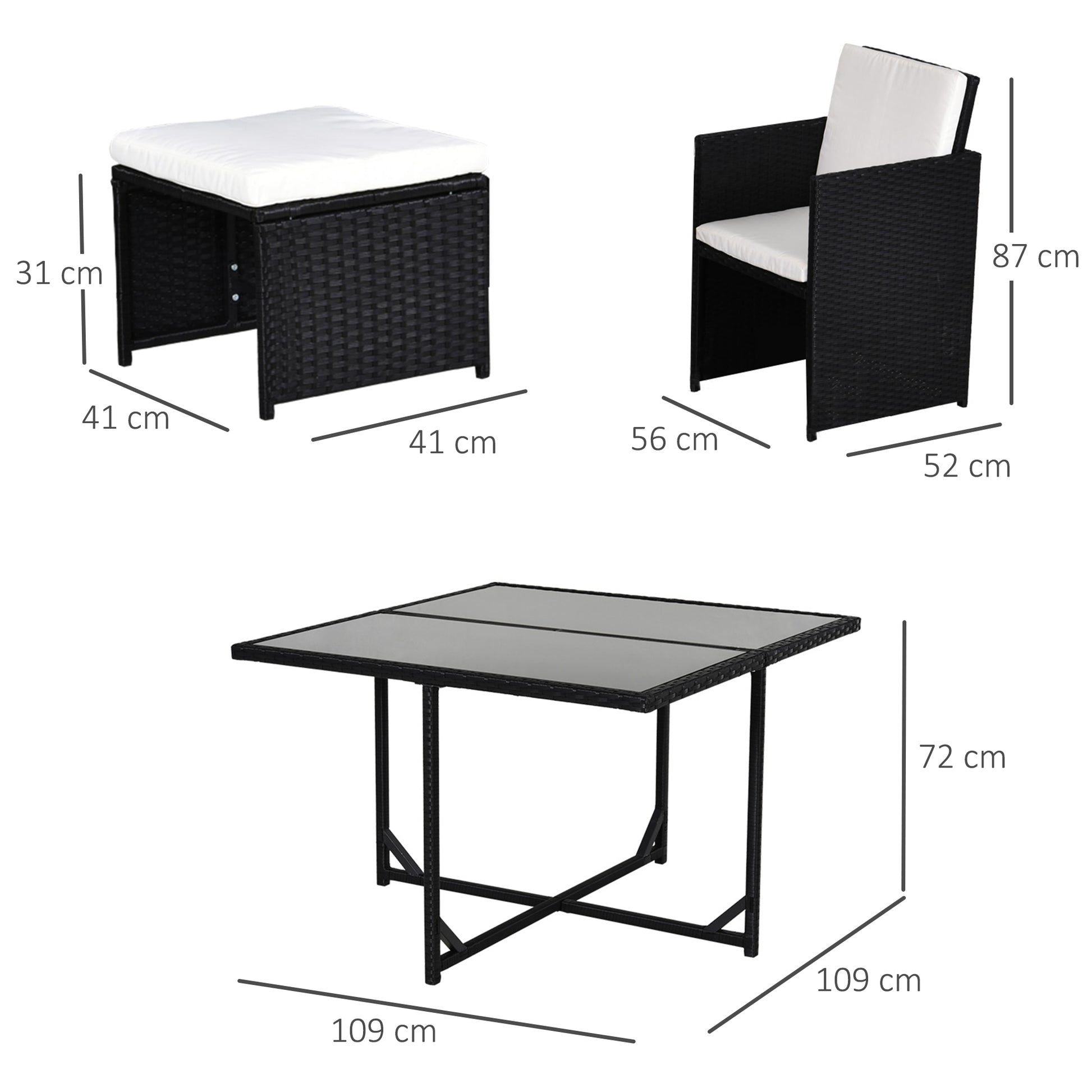 8-Person Nesting Garden Furniture Set 9 Pieces PE Rattan Wicker 4-Strand Imitation Rattan Black Removable Cream Cushions