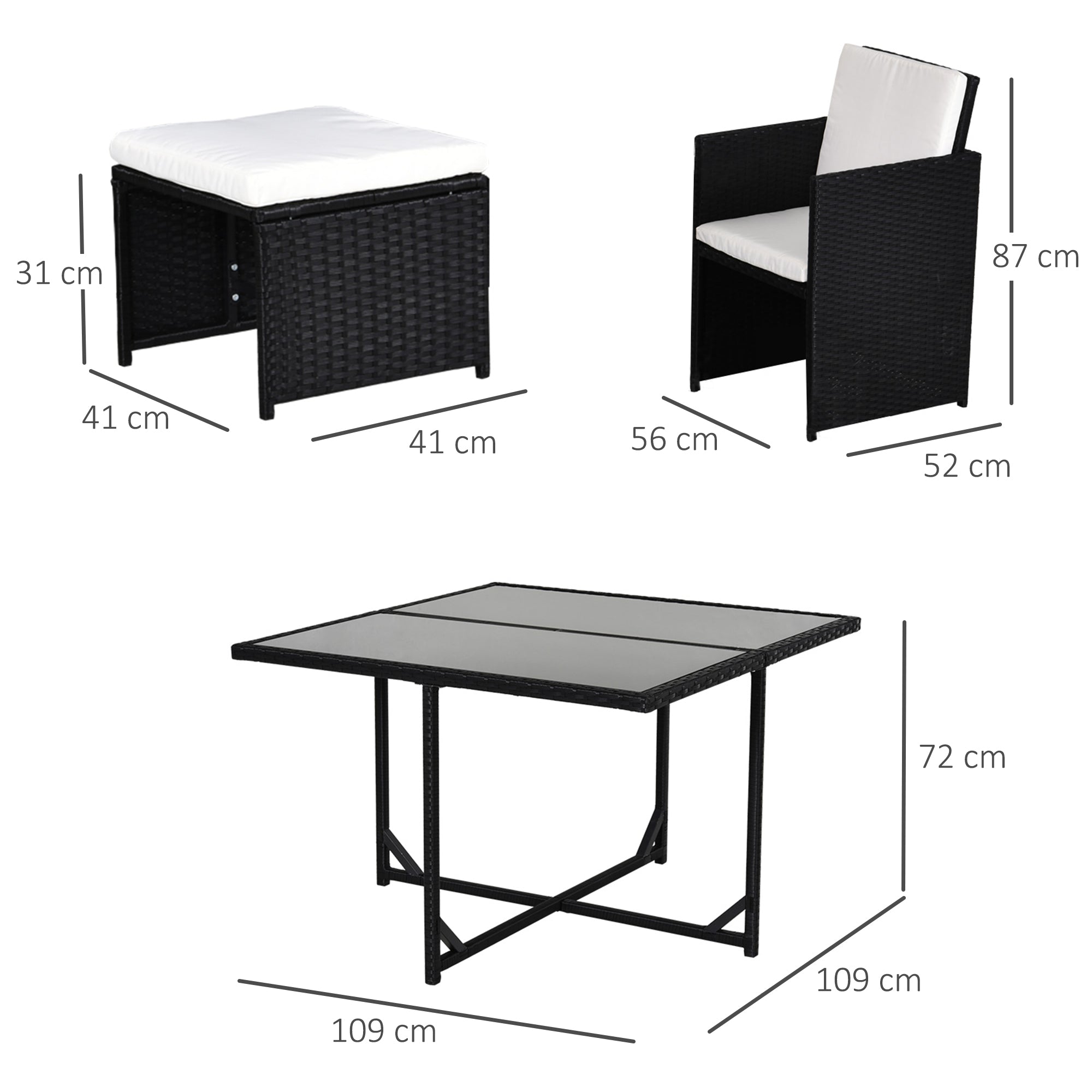 8-Person Nesting Garden Furniture Set 9 Pieces PE Rattan Wicker 4-Strand Imitation Rattan Black Removable Cream Cushions