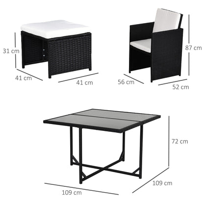 8-Person Nesting Garden Furniture Set 9 Pieces PE Rattan Wicker 4-Strand Imitation Rattan Black Removable Cream Cushions