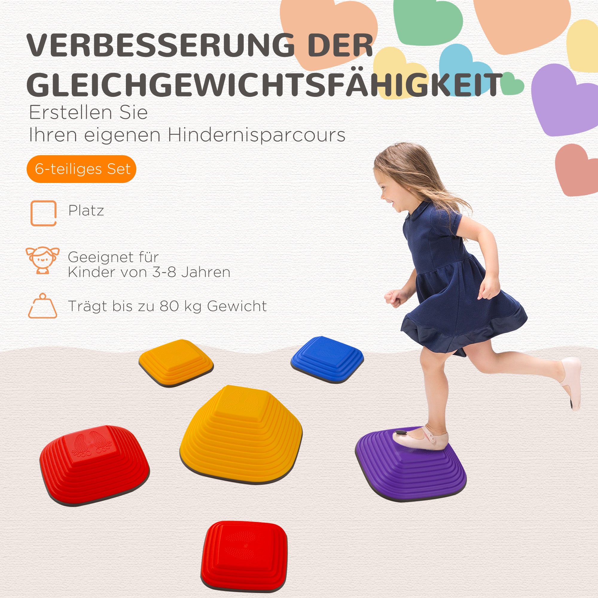 River Stones, 6-Piece Balancing Stones in Square Shape, Stackable & Non-Slip Stack Stones up to 80 kg Load Capacity, Stepping Stones for 3-8 Years, Indoors Outdoors Colorful