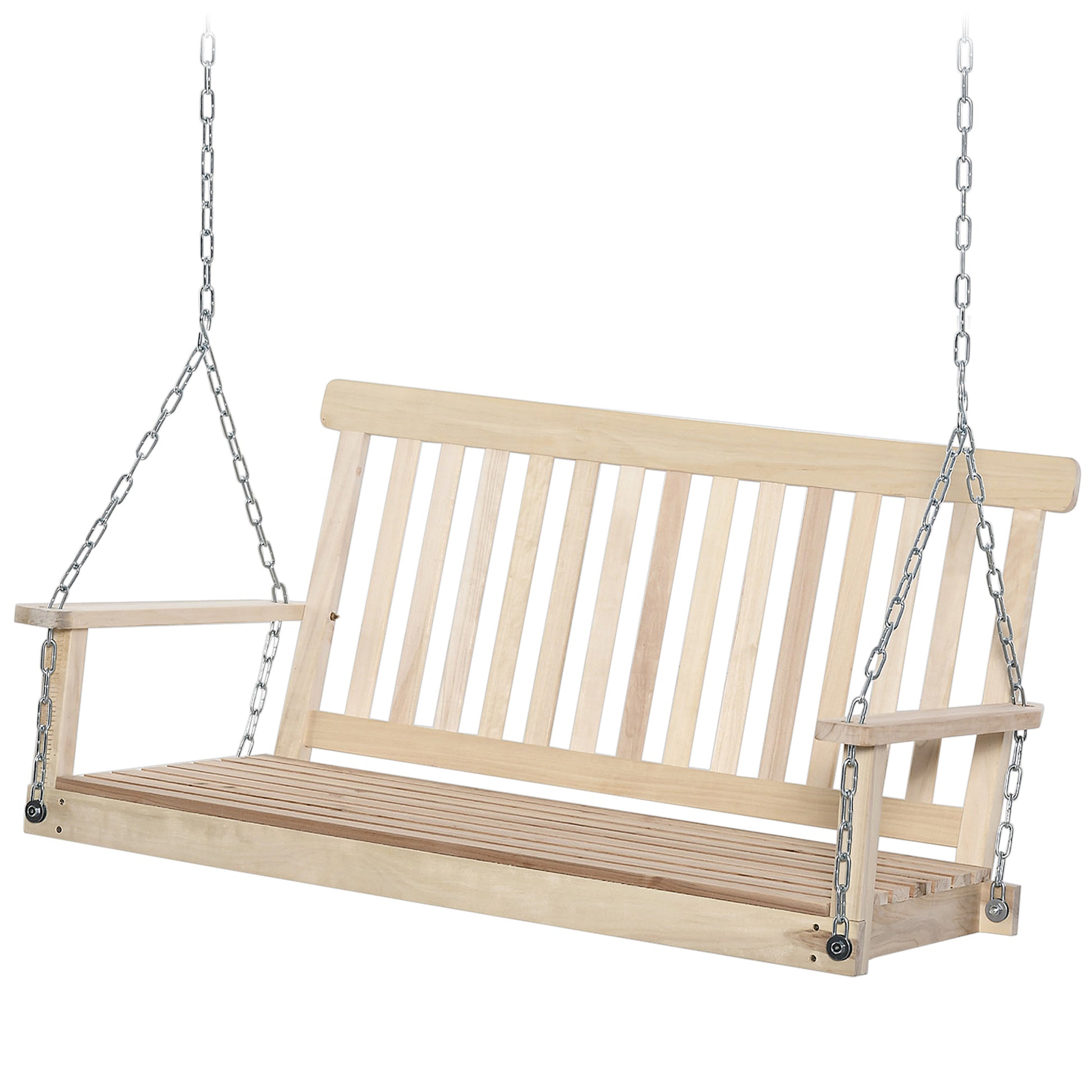 2-Seater Hanging Bench Swing for Garden, Wooden Slatted Seat and Backrest, Holds up to 200 kg, Outdoor Porch Swing, Balcony, Terrace, Natural Wood