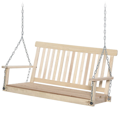 2-Seater Hanging Bench Swing for Garden, Wooden Slatted Seat and Backrest, Holds up to 200 kg, Outdoor Porch Swing, Balcony, Terrace, Natural Wood