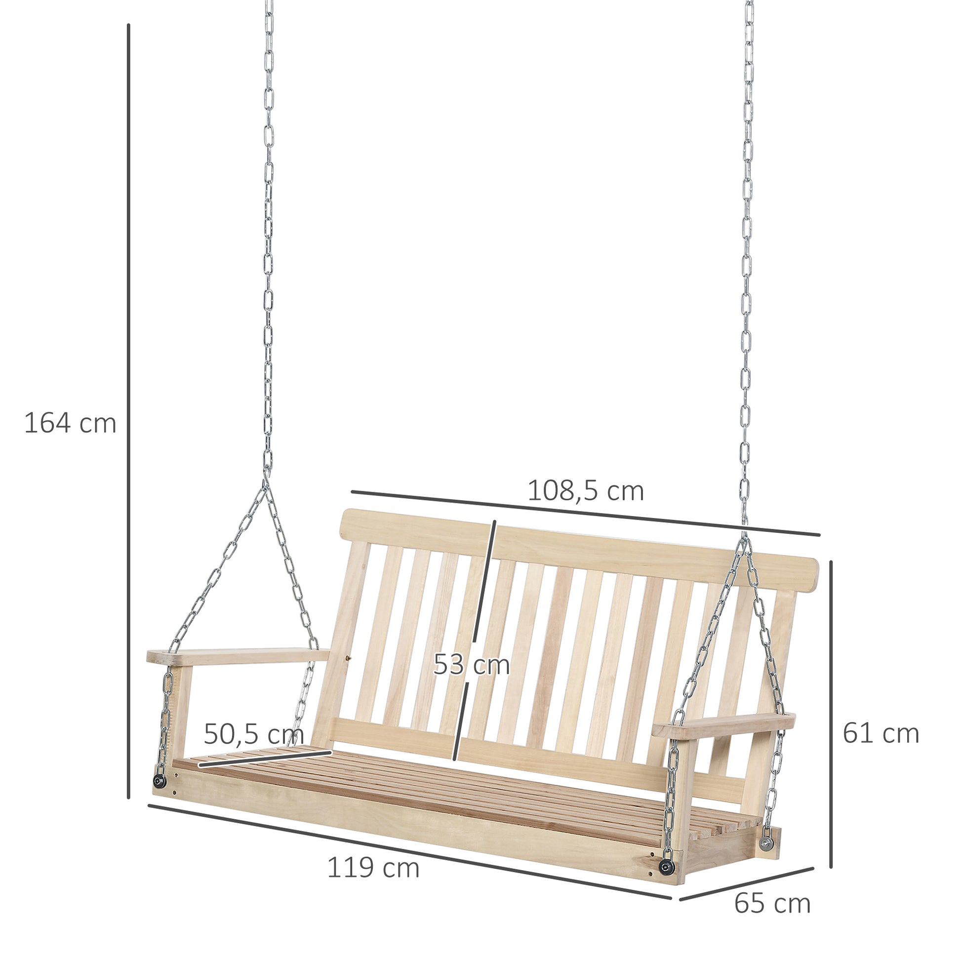 2-Seater Hanging Bench Swing for Garden, Wooden Slatted Seat and Backrest, Holds up to 200 kg, Outdoor Porch Swing, Balcony, Terrace, Natural Wood