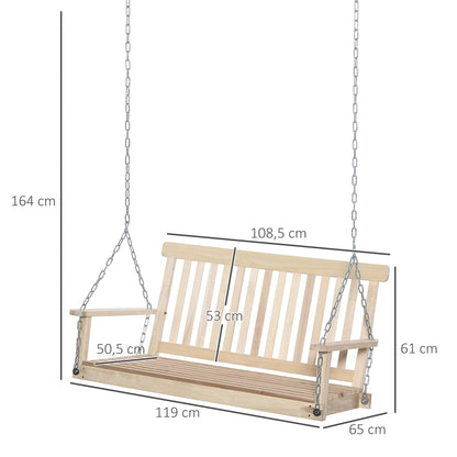 2-Seater Hanging Bench Swing for Garden, Wooden Slatted Seat and Backrest, Holds up to 200 kg, Outdoor Porch Swing, Balcony, Terrace, Natural Wood