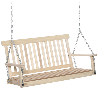2-Seater Hanging Bench Swing for Garden, Wooden Slatted Seat and Backrest, Holds up to 200 kg, Outdoor Porch Swing, Balcony, Terrace, Natural Wood
