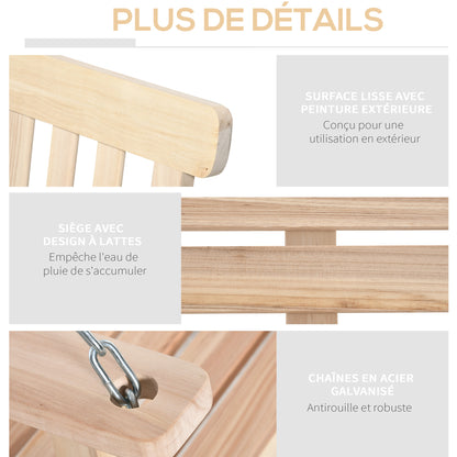 2-Seater Hanging Bench Swing for Garden, Wooden Slatted Seat and Backrest, Holds up to 200 kg, Outdoor Porch Swing, Balcony, Terrace, Natural Wood