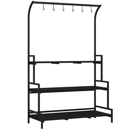 3-Tier Plant Stand, 170 cm High Flower Stand with Hooks, Flower Rack for Indoor, Steel Plant Stand, Flower Steps Plant Pot Stand for Living Room, Garden Balcony Decor, Black