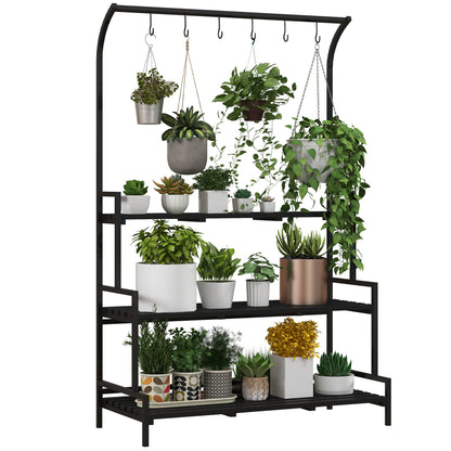 3-Tier Plant Stand, 170 cm High Flower Stand with Hooks, Flower Rack for Indoor, Steel Plant Stand, Flower Steps Plant Pot Stand for Living Room, Garden Balcony Decor, Black