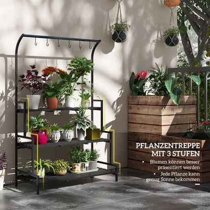 3-Tier Plant Stand, 170 cm High Flower Stand with Hooks, Flower Rack for Indoor, Steel Plant Stand, Flower Steps Plant Pot Stand for Living Room, Garden Balcony Decor, Black