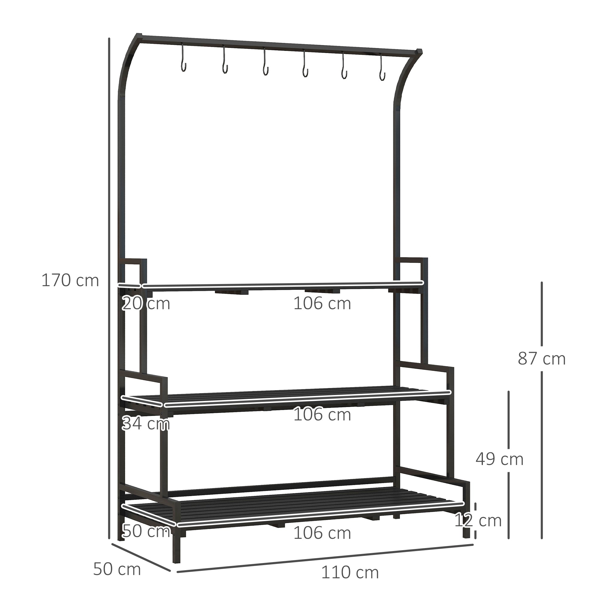 3-Tier Plant Stand, 170 cm High Flower Stand with Hooks, Flower Rack for Indoor, Steel Plant Stand, Flower Steps Plant Pot Stand for Living Room, Garden Balcony Decor, Black