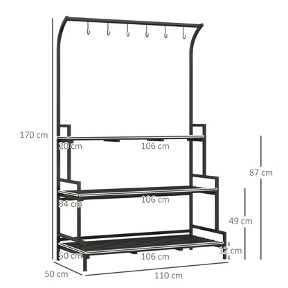 3-Tier Plant Stand, 170 cm High Flower Stand with Hooks, Flower Rack for Indoor, Steel Plant Stand, Flower Steps Plant Pot Stand for Living Room, Garden Balcony Decor, Black