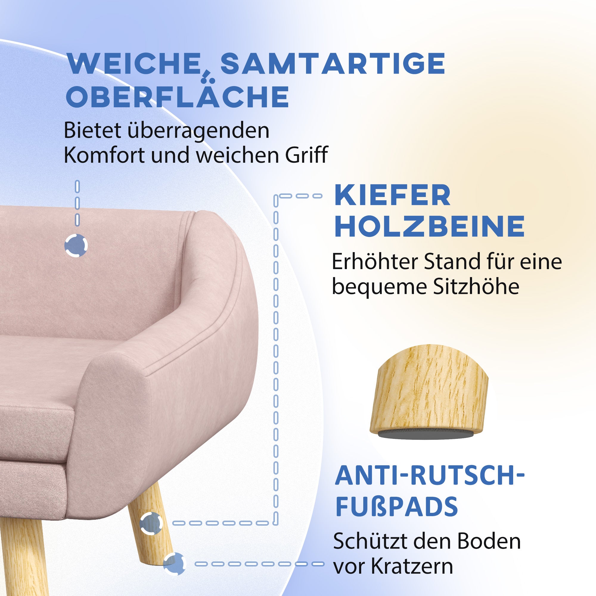 Dog Sofa Cat Sofa with Backrest, Pet Couch with Wooden Legs, Pet Sofa with Cushion, Dog Bed for Medium and Large Dogs, Velvet, Pink, 102 x 58.5 x 42.5 cm