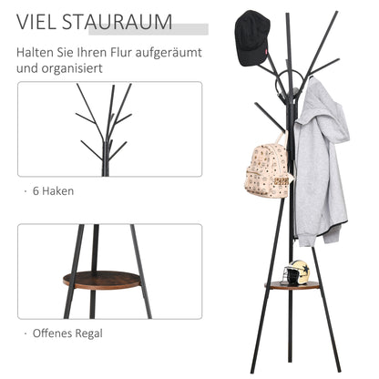 Coat Rack, Coat Stand with 8 Hooks, Coat Rack with Shelf, Standing Wardrobe for Clothes, Hats, Bags, Metal, Brown, 45 x 45 x 180 cm