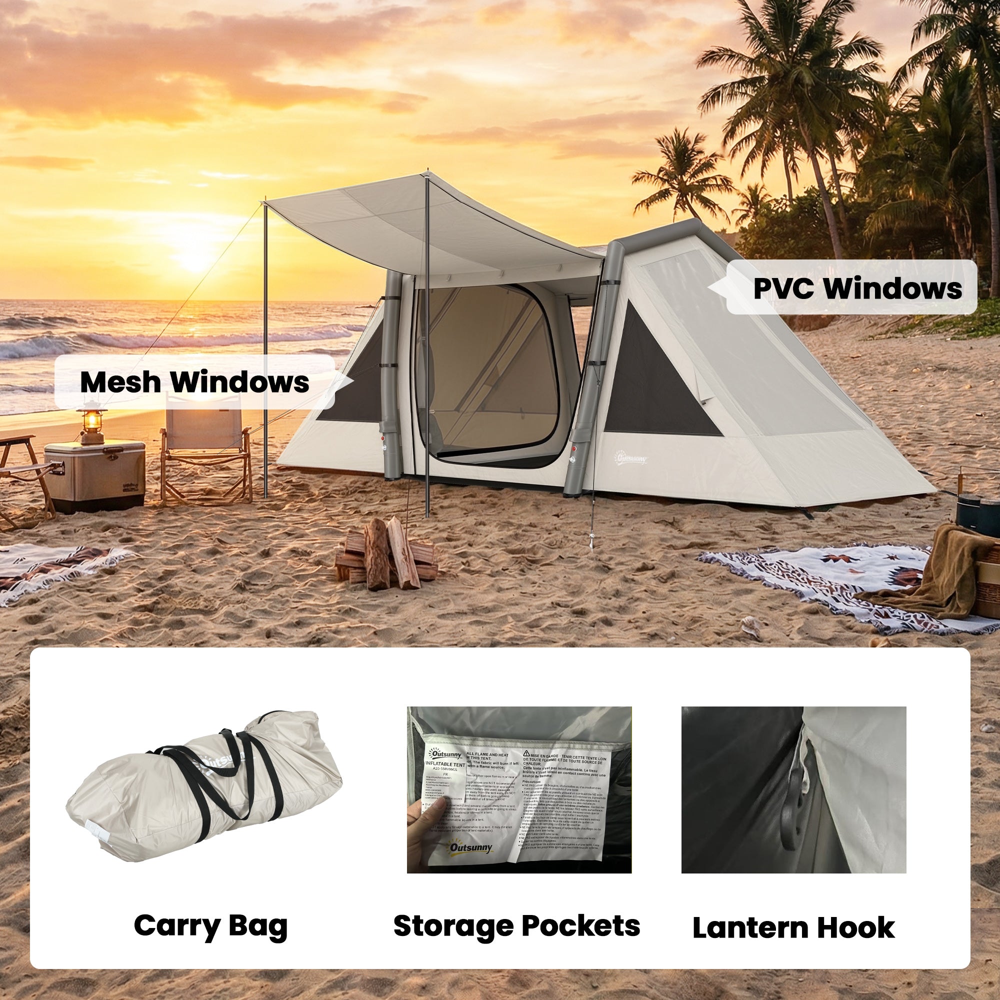Inflatable 6-Person Tent — Fast Setup, Darkened Bedrooms, 2-Bedroom + Living Area, Porch, Fluorescent Pegs & Groundsheet, Waterproof Oxford Fabric