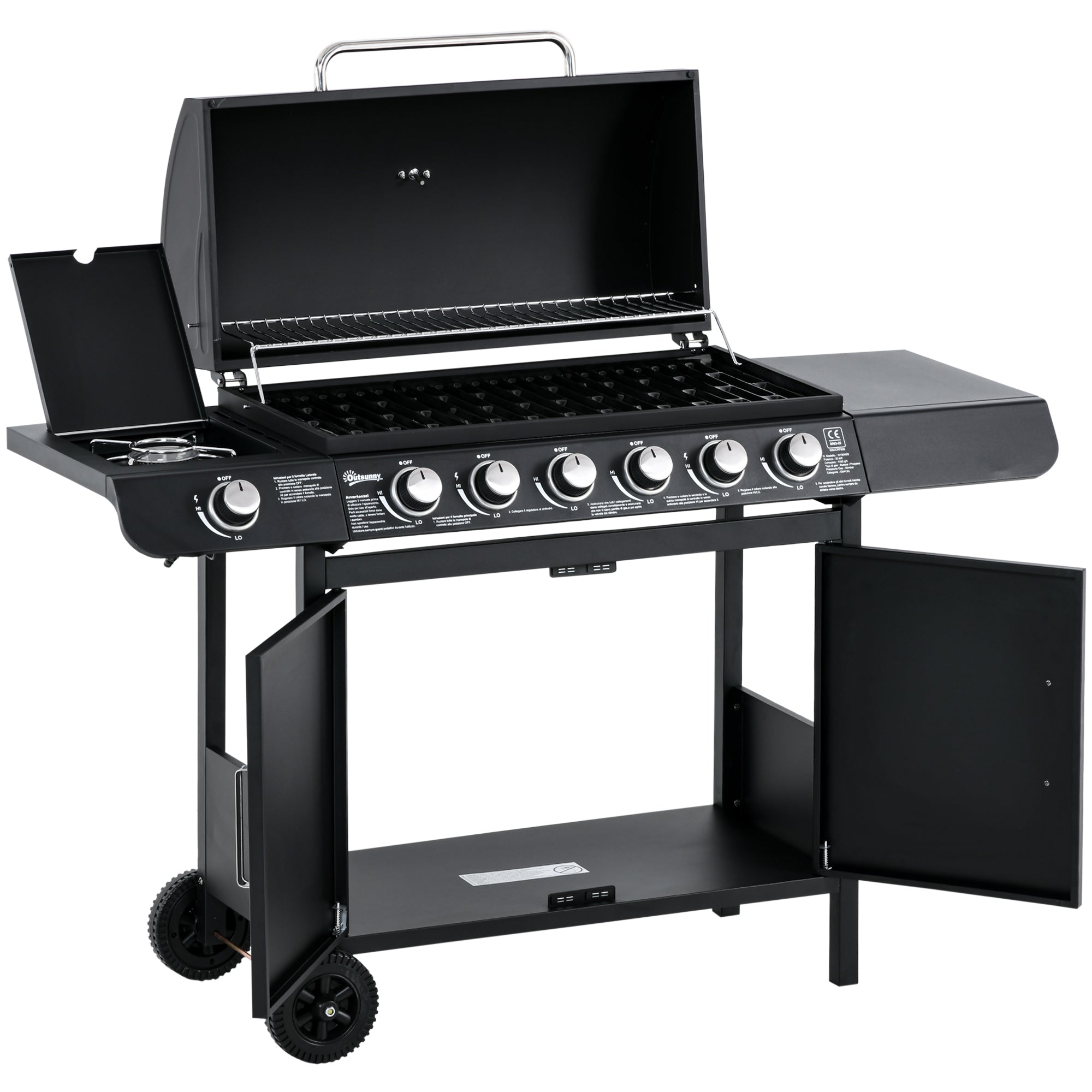 Gas Grill 20KW Barbecue Trolley incl 7 Stainless Steel Burners Side Burner Pressure Regulator Gas Hose Lid 2 Heating Zones Thermometer Side Shelves, BBQ Garden Grill for Balcony, Camping 135 x 50 x 100 cm