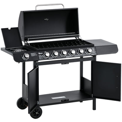 Gas Grill 20KW Barbecue Trolley incl 7 Stainless Steel Burners Side Burner Pressure Regulator Gas Hose Lid 2 Heating Zones Thermometer Side Shelves, BBQ Garden Grill for Balcony, Camping 135 x 50 x 100 cm