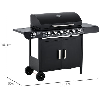 Gas Grill 20KW Barbecue Trolley incl 7 Stainless Steel Burners Side Burner Pressure Regulator Gas Hose Lid 2 Heating Zones Thermometer Side Shelves, BBQ Garden Grill for Balcony, Camping 135 x 50 x 100 cm