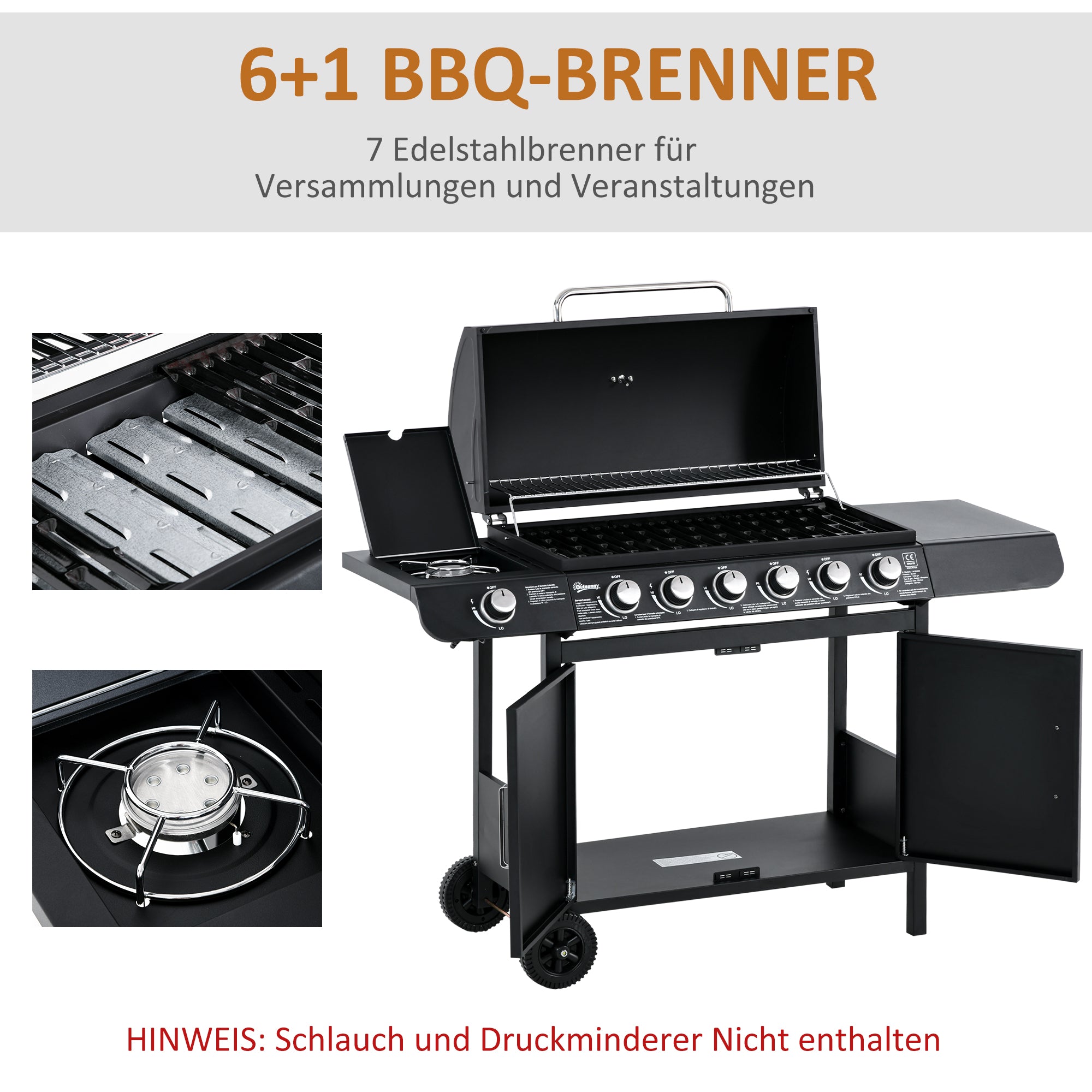 Gas Grill 20KW Barbecue Trolley incl 7 Stainless Steel Burners Side Burner Pressure Regulator Gas Hose Lid 2 Heating Zones Thermometer Side Shelves, BBQ Garden Grill for Balcony, Camping 135 x 50 x 100 cm