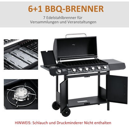 Gas Grill 20KW Barbecue Trolley incl 7 Stainless Steel Burners Side Burner Pressure Regulator Gas Hose Lid 2 Heating Zones Thermometer Side Shelves, BBQ Garden Grill for Balcony, Camping 135 x 50 x 100 cm