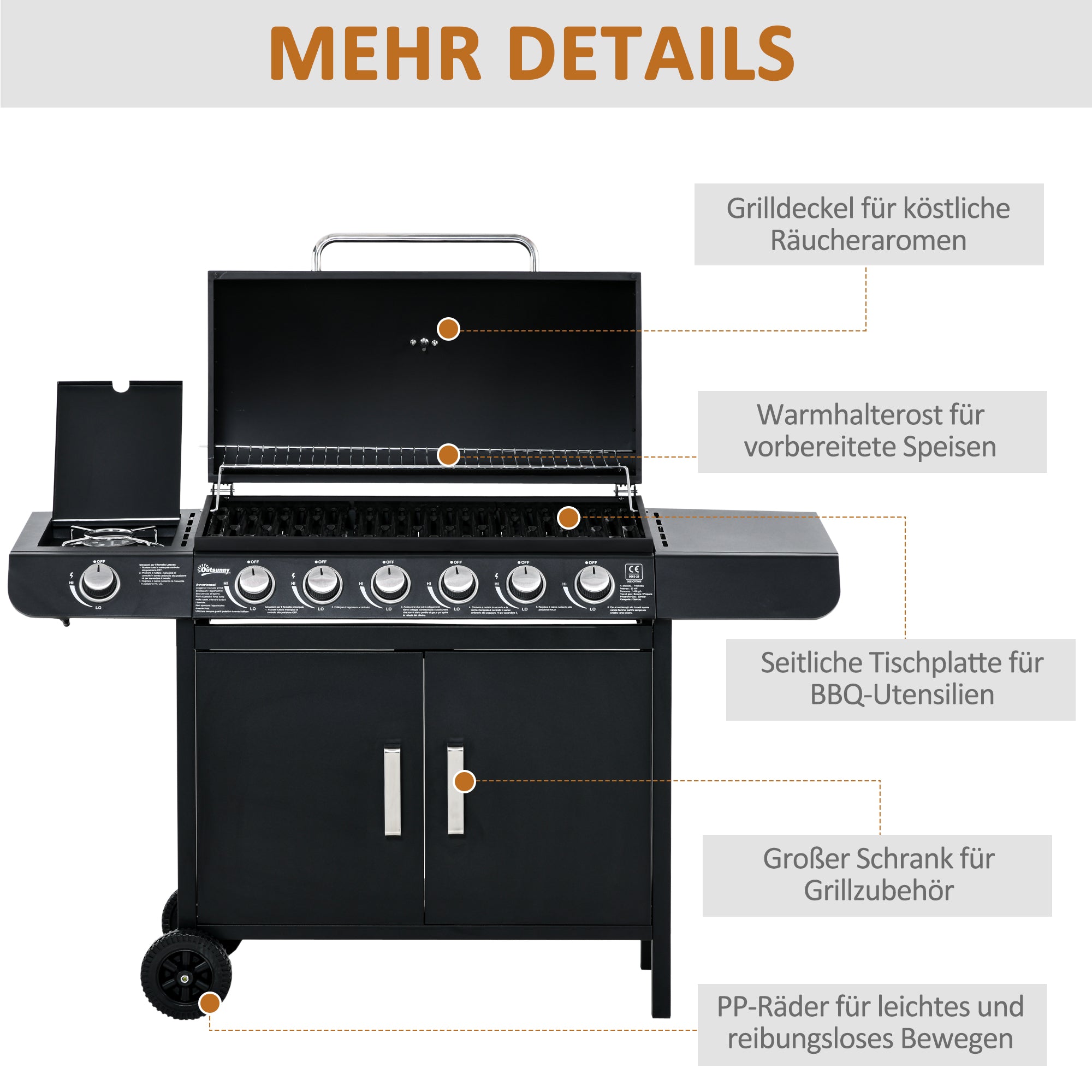 Gas Grill 20KW Barbecue Trolley incl 7 Stainless Steel Burners Side Burner Pressure Regulator Gas Hose Lid 2 Heating Zones Thermometer Side Shelves, BBQ Garden Grill for Balcony, Camping 135 x 50 x 100 cm