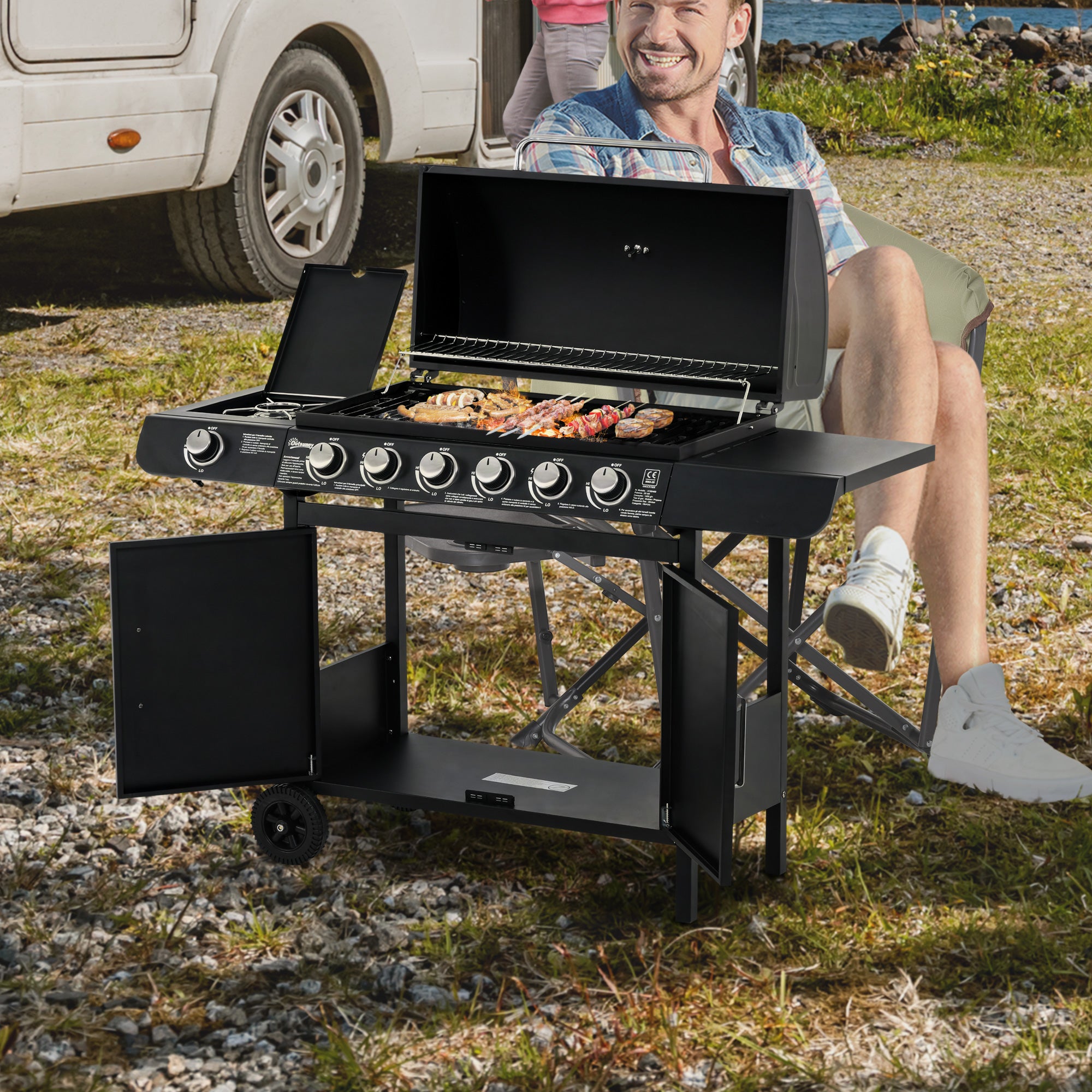 Gas Grill 20KW Barbecue Trolley incl 7 Stainless Steel Burners Side Burner Pressure Regulator Gas Hose Lid 2 Heating Zones Thermometer Side Shelves, BBQ Garden Grill for Balcony, Camping 135 x 50 x 100 cm