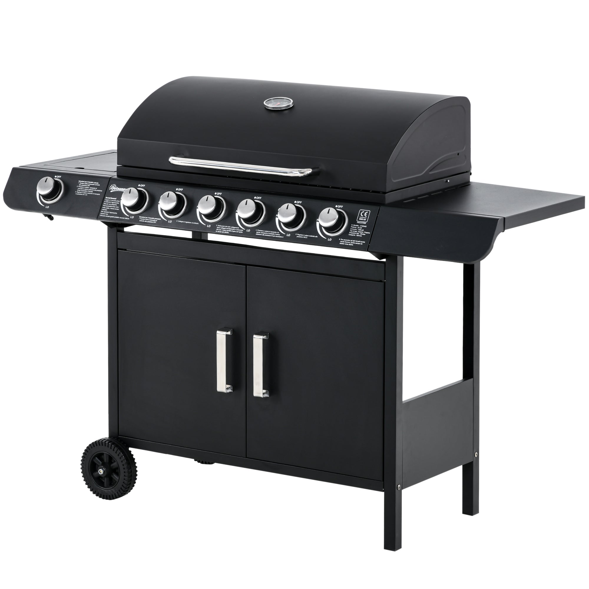 Gas Grill 20KW Barbecue Trolley incl 7 Stainless Steel Burners Side Burner Pressure Regulator Gas Hose Lid 2 Heating Zones Thermometer Side Shelves, BBQ Garden Grill for Balcony, Camping 135 x 50 x 100 cm
