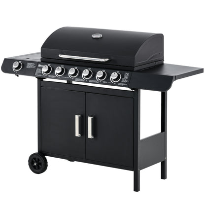 Gas Grill 20KW Barbecue Trolley incl 7 Stainless Steel Burners Side Burner Pressure Regulator Gas Hose Lid 2 Heating Zones Thermometer Side Shelves, BBQ Garden Grill for Balcony, Camping 135 x 50 x 100 cm