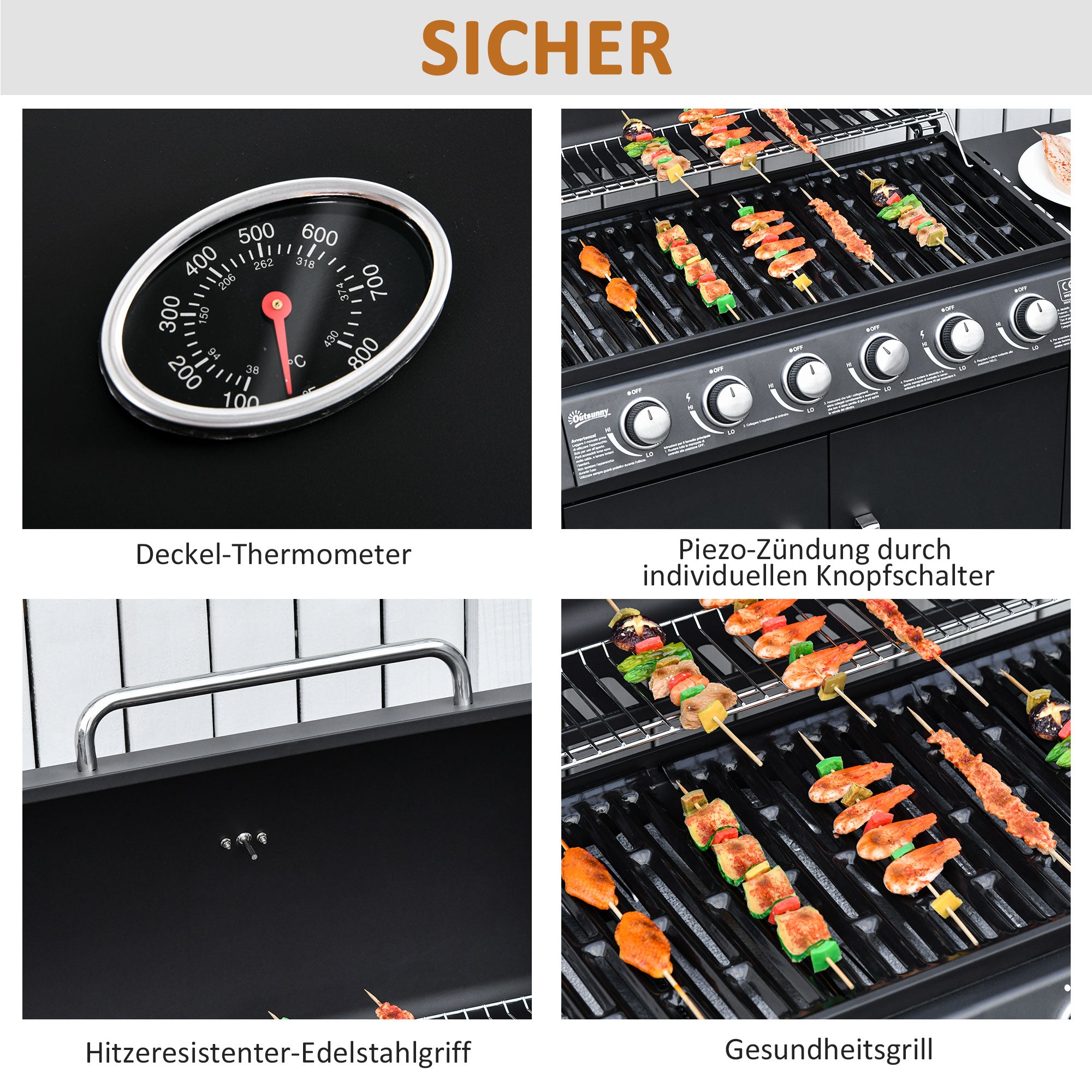 Gas Grill 20KW Barbecue Trolley incl 7 Stainless Steel Burners Side Burner Pressure Regulator Gas Hose Lid 2 Heating Zones Thermometer Side Shelves, BBQ Garden Grill for Balcony, Camping 135 x 50 x 100 cm