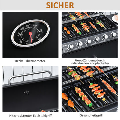 Gas Grill 20KW Barbecue Trolley incl 7 Stainless Steel Burners Side Burner Pressure Regulator Gas Hose Lid 2 Heating Zones Thermometer Side Shelves, BBQ Garden Grill for Balcony, Camping 135 x 50 x 100 cm