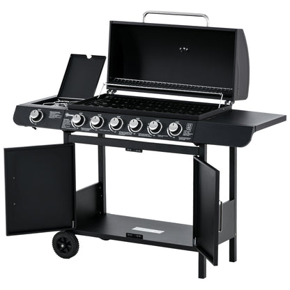 Gas Grill 20KW Barbecue Trolley incl 7 Stainless Steel Burners Side Burner Pressure Regulator Gas Hose Lid 2 Heating Zones Thermometer Side Shelves, BBQ Garden Grill for Balcony, Camping 135 x 50 x 100 cm
